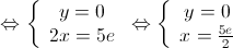  \Leftrightarrow \left\{ {\begin{array}{*{20}{c}}
 {y = 0} \\ 
 {2x = 5e} 
\end{array}} \right. \Leftrightarrow \left\{ {\begin{array}{*{20}{c}}
 {y = 0} \\ 
 {x = \frac{{5e}}{2}} 
\end{array}} \right.