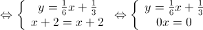 \Leftrightarrow \left\{ {\begin{array}{*{20}{c}}
 {y = \frac{1}{6}x + \frac{1}{3}} \\ 
 {x + 2 = x + 2} 
\end{array}} \right. \Leftrightarrow \left\{ {\begin{array}{*{20}{c}}
 {y = \frac{1}{6}x + \frac{1}{3}} \\ 
 {0x = 0} 
\end{array}} \right.