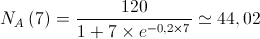 {N_A}\left( 7 \right) = \frac{{120}}{{1 + 7 \times {e^{ - 0,2 \times 7}}}} \simeq 44,02 {N_A}\left( 7 \right) = \frac{{120}}{{1 + 7 \times {e^{ - 0,2 \times 7}}}} \simeq 44,02