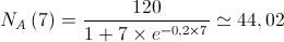 {N_A}\left( 7 \right) = \frac{{120}}{{1 + 7 \times {e^{ - 0,2 \times 7}}}} \simeq 44,02