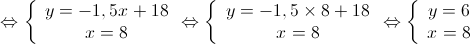  \Leftrightarrow \left\{ {\begin{array}{*{20}{c}}
{y = - 1,5x + 18} \\ 
{x = 8} 
\end{array} \Leftrightarrow } \right.\left\{ {\begin{array}{*{20}{c}}
{y = - 1,5 \times 8 + 18} \\ 
{x = 8} 
\end{array} \Leftrightarrow } \right.\left\{ {\begin{array}{*{20}{c}}
{y = 6} \\ 
{x = 8} 
\end{array}} \right.