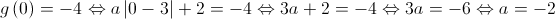 g\left( 0 \right) =  - 4 \Leftrightarrow a\left| {0 - 3} \right| + 2 =  - 4 \Leftrightarrow 3a + 2 =  - 4 \Leftrightarrow 3a =  - 6 \Leftrightarrow a =  - 2