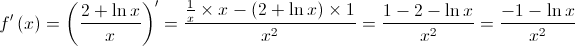 f'\left( x \right) = {\left( {\frac{{2 + \ln x}}{x}} \right)^\prime } = \frac{{\frac{1}{x} \times x - \left( {2 + \ln x} \right) \times 1}}{{{x^2}}} = \frac{{1 - 2 - \ln x}}{{{x^2}}} = \frac{{ - 1 - \ln x}}{{{x^2}}}