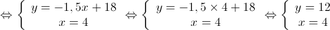  \Leftrightarrow \left\{ {\begin{array}{*{20}{c}}
{y = - 1,5x + 18} \\ 
{x = 4} 
\end{array} \Leftrightarrow } \right.\left\{ {\begin{array}{*{20}{c}}
{y = - 1,5 \times 4 + 18} \\ 
{x = 4} 
\end{array} \Leftrightarrow } \right.\left\{ {\begin{array}{*{20}{c}}
{y = 12} \\ 
{x = 4} 
\end{array}} \right.