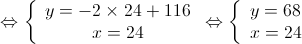  \Leftrightarrow \left\{ {\begin{array}{*{20}{c}}
 {y = - 2 \times 24 + 116} \\ 
 {x = 24} 
\end{array}} \right. \Leftrightarrow \left\{ {\begin{array}{*{20}{c}}
 {y = 68} \\ 
 {x = 24} 
\end{array}} \right.