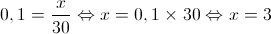 0,1 = \frac{x}{{30}} \Leftrightarrow x = 0,1 \times 30 \Leftrightarrow x = 3