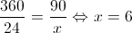 \frac{{360}}{{24}} = \frac{{90}}{x} \Leftrightarrow x = 6 \frac{{360}}{{24}} = \frac{{90}}{x} \Leftrightarrow x = 6