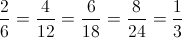 \frac{2}{6} = \frac{4}{{12}} = \frac{6}{{18}} = \frac{8}{{24}} = \frac{1}{3}