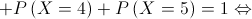 + P\left( {X = 4} \right) + P\left( {X = 5} \right) = 1 \Leftrightarrow 