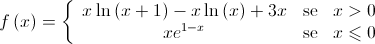 f\left( x \right) = \left\{ {\begin{array}{*{20}{c}}{x\ln \left( {x + 1} \right) - x\ln \left( x \right) + 3x}&{{\text{se}}}&{x > 0} \\  {x{e^{1 - x}}}&{{\text{se}}}&{x \leqslant 0} \end{array}} \right.