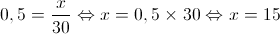 0,5 = \frac{x}{{30}} \Leftrightarrow x = 0,5 \times 30 \Leftrightarrow x = 15