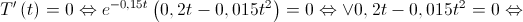 T'\left( t \right) = 0 \Leftrightarrow {e^{ - 0,15t}}\left( {0,2t - 0,015{t^2}} \right) = 0 \Leftrightarrow  \vee 0,2t - 0,015{t^2} = 0 \Leftrightarrow 