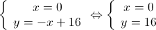 \left\{ {\begin{array}{*{20}{c}}
 {x = 0} \\ 
 {y = - x + 16} 
\end{array} \Leftrightarrow } \right.\left\{ {\begin{array}{*{20}{c}}
 {x = 0} \\ 
 {y = 16} 
\end{array}} \right.