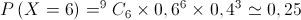 P\left( {X = 6} \right) = {}^9{C_6} \times {0,6^6} \times {0,4^3} \simeq 0,25 P\left( {X = 6} \right) = {}^9{C_6} \times {0,6^6} \times {0,4^3} \simeq 0,25