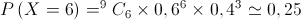 P\left( {X = 6} \right) = {}^9{C_6} \times {0,6^6} \times {0,4^3} \simeq 0,25