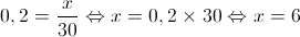 0,2 = \frac{x}{{30}} \Leftrightarrow x = 0,2 \times 30 \Leftrightarrow x = 6