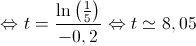 \Leftrightarrow t = \frac{{\ln \left( {\frac{1}{5}} \right)}}{{ - 0,2}} \Leftrightarrow t \simeq 8,05 \Leftrightarrow t = \frac{{\ln \left( {\frac{1}{5}} \right)}}{{ - 0,2}} \Leftrightarrow t \simeq 8,05