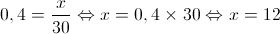 0,4 = \frac{x}{{30}} \Leftrightarrow x = 0,4 \times 30 \Leftrightarrow x = 12