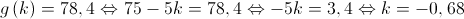 g\left( k \right) = 78,4 \Leftrightarrow 75 - 5k = 78,4 \Leftrightarrow - 5k = 3,4 \Leftrightarrow k = - 0,68 g\left( k \right) = 78,4 \Leftrightarrow 75 - 5k = 78,4 \Leftrightarrow - 5k = 3,4 \Leftrightarrow k = - 0,68